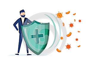 Immune system vector icon logo. Health bacteria virus protection. Medical prevention human germ. Man reflect bacteria photo