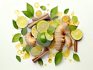 Immunity background with lime, ginger, cinnamon and mint, close up. Healthy products for Immunity boosting and cold remedies, top