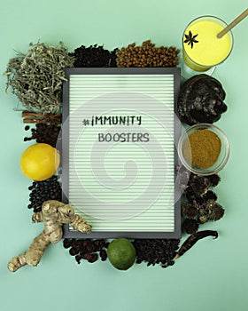 Immunity boosters concept. Functional nutrition to support a healthy immune system. Herbal supplements Elderberry