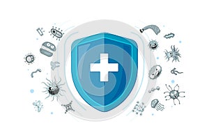Immunity hygienic medical prevention blue hygienic shield protecting from virus germs and bacteria. Immune system banner