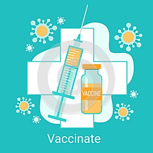 Immunization campaign. Vaccination concept. Health care and medical treatment .. Syringe and vial against the virus