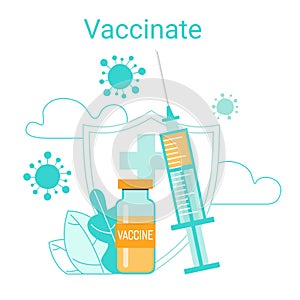 Immunization campaign. Vaccination concept. Health care and medical treatment .. Syringe and vial against the virus