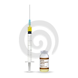 Immunization, Hpv Vaccine Plastic Medical Syringe With Needle And Vial Isolated On A White Background. Vector