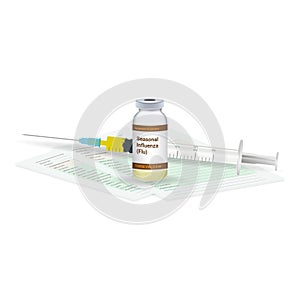 Immunization, Influenza Flu Vaccine Medical Test, Vial And Syringe Ready For Injection A Shot Of Vaccine Isolated On A
