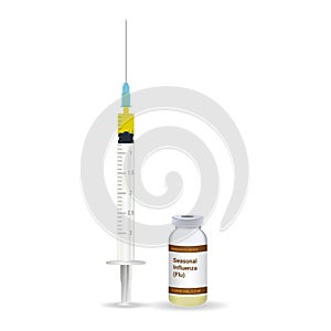 Immunization, Influenza Flu Vaccine Plastic Medical Syringe With Needle And Vial Isolated On A White Background. Vector