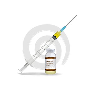 Immunization, Influenza Flu Vaccine Syringe With Yellow Vaccine, Vial Of Medicine Isolated On A White Background. Vector
