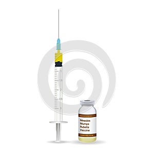 Immunization, Measles Mumps Rubella Vaccine Plastic Medical Syringe With Needle And Vial Isolated On A White Background