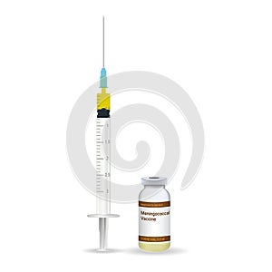 Immunization, Meningococcal Vaccine Plastic Medical Syringe With Needle And Vial Isolated On A White Background. Vector