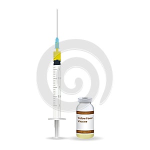 Immunization, Yellow Fever Vaccine Plastic Medical Syringe With Needle And Vial Isolated On A White Background. Vector