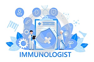 Immunologist concept vector for medical app, web, banner. Time to vaccinate. Measles, flu, corona-virus vaccine illustration. Tiny