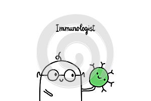 Immunologist hand drawn vector illustration. Cartoon doctor with cell