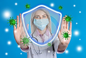 Immunologist and shield with cross as symbol of virus protection on light blue background