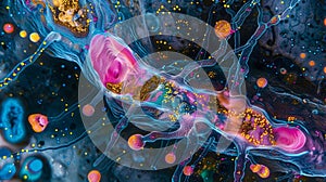 Immunostained image of a synapse with distinct colors highlighting the locations of freshly released neurotransmitters