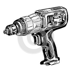 impact driver vector drawing. Isolated hand drawn, engraved style illustration