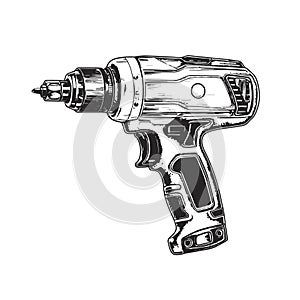 impact driver vector drawing. Isolated hand drawn, engraved style illustration