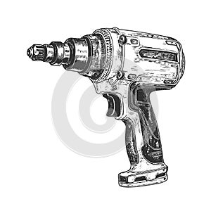 impact driver vector drawing. Isolated hand drawn, engraved style illustration