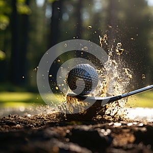 impact golf ball after a hit with the golf club causes waster and dirt spikes in a puddle which symbolizes speed,