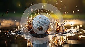 impact golf ball after a hit with the golf club causes waster and dirt spikes in a puddle which symbolizes speed,