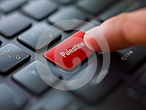 Close-Up of Finger Pressing Red Palestine Button on Computer Keyboard