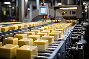 An impactful image captures the essence of artisanal cheese crafting, where an industrial conveyor plays a central role