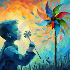 impasto art of soft cyan whimsical boy blows gently on a paper windmill pinwheel fan.