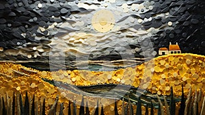 Impasto Gold: A Stormy Night Landscape In Paper Cut Style