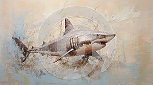Impasto Minimalistic Zen Painting Of Shark On Soft Beige Background