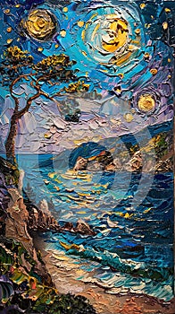 Impasto, starry sky and sea, a singular of texture and depth, capturing the ethereal beauty and mystique of celestial