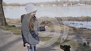 Impatient Caucasian girl training pet in park. Dissatisfied little child calling for cute disobedient dog outdoors