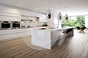 Impeccable luxury kitchen design in white, showcasing a wooden floor and kitchen island