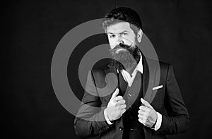 Impeccable style. Businessman fashionable outfit black background. Man bearded guy wear suit outfit. Perfect elegant