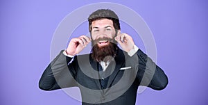 Impeccable style. Businessman fashionable outfit stand violet background. Elegancy and male style. Fashion concept. Guy