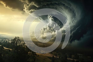 Impending Storm Approaching City Skyline, Photo illustration of a dramatic storm tornado vortex in nature, AI Generated