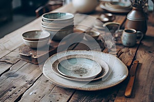 Imperfect plates with flaws on a wooden table photo