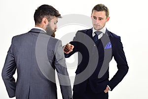 Imperfection concept. Businessmen, business partners meeting, white background. Business partner on serious face