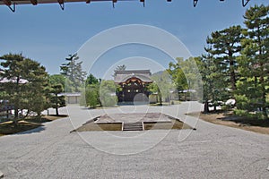 The imperial envoy gate and stone stage inside Daikaku-Ji temple. Kyoto Japan