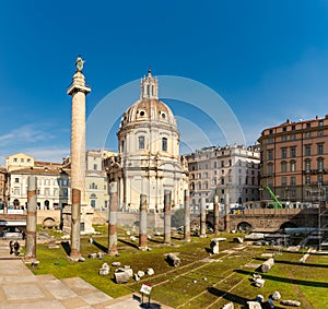 Imperial Fora, Trajan`s Column and Church of the Most Holy Name of Mary at the Trajan Forum