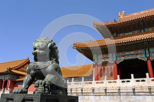 An imperial guardian lion in Forbidden City