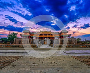 Imperial Royal Palace of Nguyen dynasty in Hue. Beautiful view of the â€œ Meridian Gate Hue â€œ to the Imperial City with the