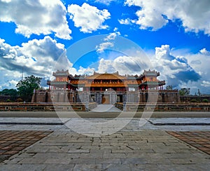 Imperial Royal Palace of Nguyen dynasty in Hue. Beautiful view of the â€œ Meridian Gate Hue â€œ to the Imperial City with the