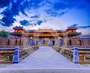 Imperial Royal Palace of Nguyen dynasty in Hue. Beautiful view of the â€œ Meridian Gate Hue â€œ to the Imperial City with the