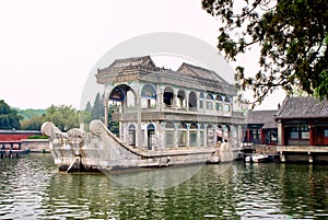 Imperial Summer Palace, Beijing. Famous Marble boat on Kunming Lake