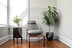 an impersonal therapy room with a plant, minimalist chair, and table