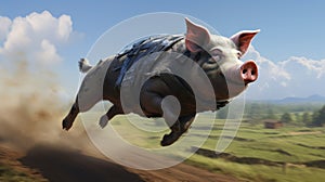 An impetuous pig gallops down a dirt road in a field, AI