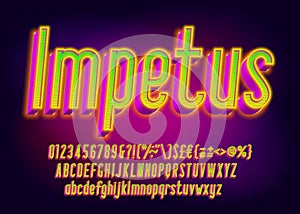 Impetus alphabet font. 3D effect glowing letters, numbers and punctuations.