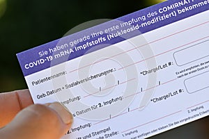 Vaccination pass and confirmation for corona vaccination with vaccine from Biontech Pfizer in Austria photo