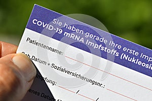 Vaccination pass and confirmation for corona vaccination with vaccine from Biontech Pfizer in Austria photo