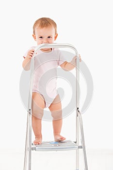 Impish little girl standing on top of ladder
