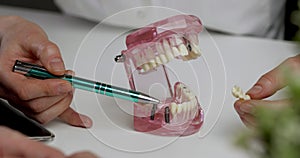 Implantologist showing dental implant technology on tooth jaw model to patient