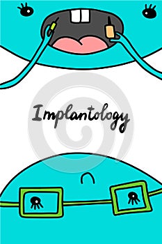 Implantology hand drawn vector illustration in cartoon style. Dentist and patient. Putting new tooth photo